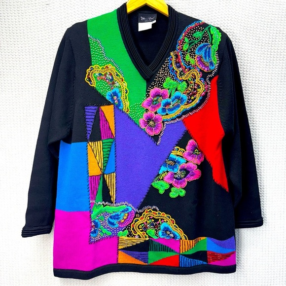 Vtg 1980’s Diane Freis 100% Merino Wool Colorful Sweater Women Sz Med Eclectic - Picture 1 of 9